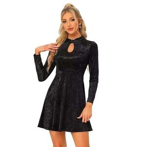 Allegra‎ K Black Velvet Long Sleeve Keyhole Mock Neck Fit and Flare Dress NWT